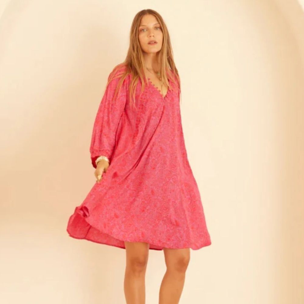 Natalie Martin Fiore Mini Dress Dress Pink Long Sleeve Rayon Tent Dress Size XS